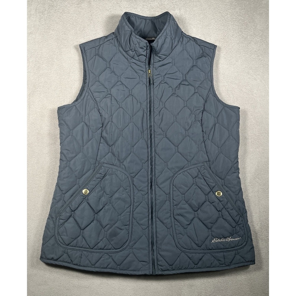 Eddie Bauer Women Quilted Full Zip Vest Blue Diamond Insulated Pocket Large